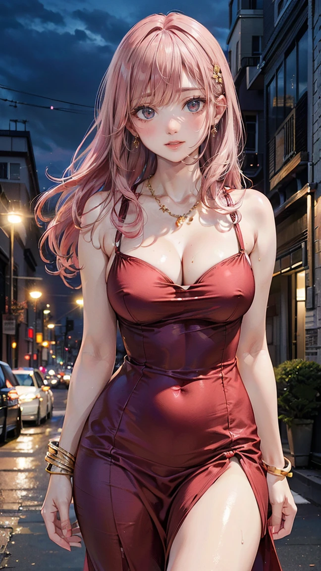 (Masterpiece, BestQuality:1.3), (ultra detailed:1.2), (hyperrealistic:1.3), (RAW photo:1.2), High detail RAW color photo, professional photograph, (Photorealistic:1.4), (realistic:1.4), (Pink Hair:1.5), professional lighting, perfect anatomy, (Big Breasts:1.2), (blush, detailed face), (cheerful Smile:1.5), Trending Hair&Trending Hairカラーをランダムに, earrings, necklace, bracelet, sexly, erotic sexly, Random sexy gravure poses, (Sexy woman in a red silk dress、Night City、Captivating look、Long Straight Hair、pose in front of a building。:1.3)