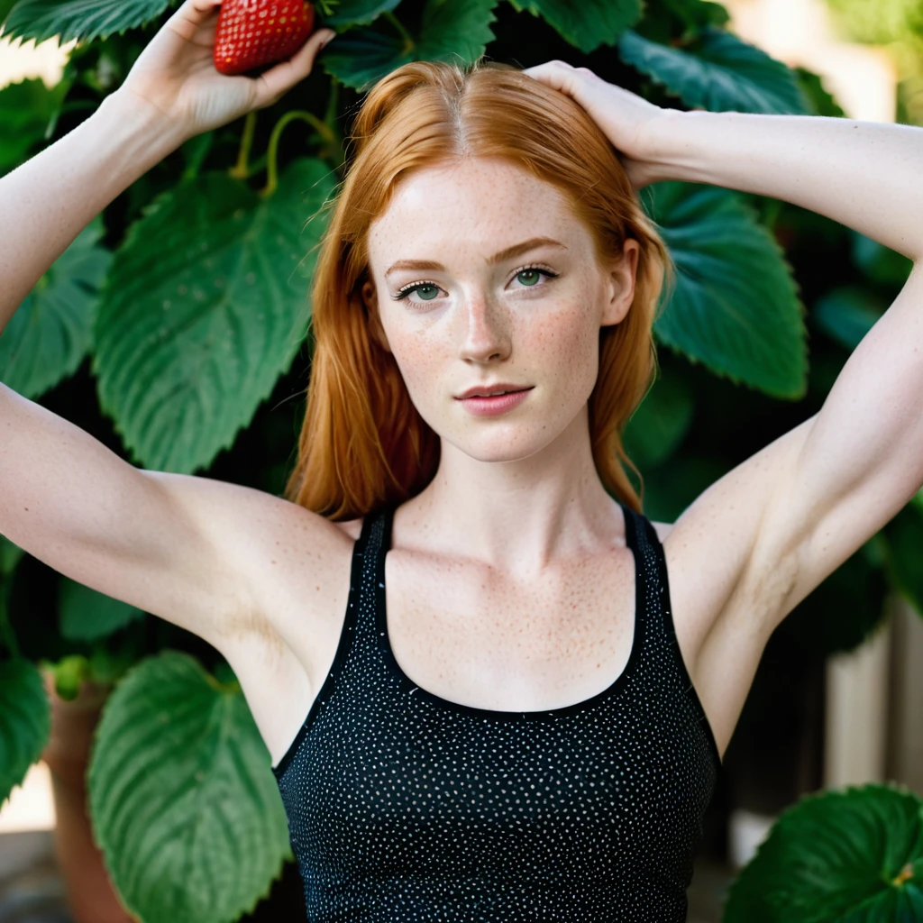 Stacey, A tall, young woman, 22 years old,  with long shoulders, athletic, lanky female, a strong build and long, freckles, strawberry blonde hair, freckles. Her skin is pale, toned arms,  and a muscular midsection. long legs, She has small breasts, well defined chest, and soft thighs, bodycon,skirt, Tank top , arms raised leica 135mm f3.4,
Cinematic Hollywood Film style