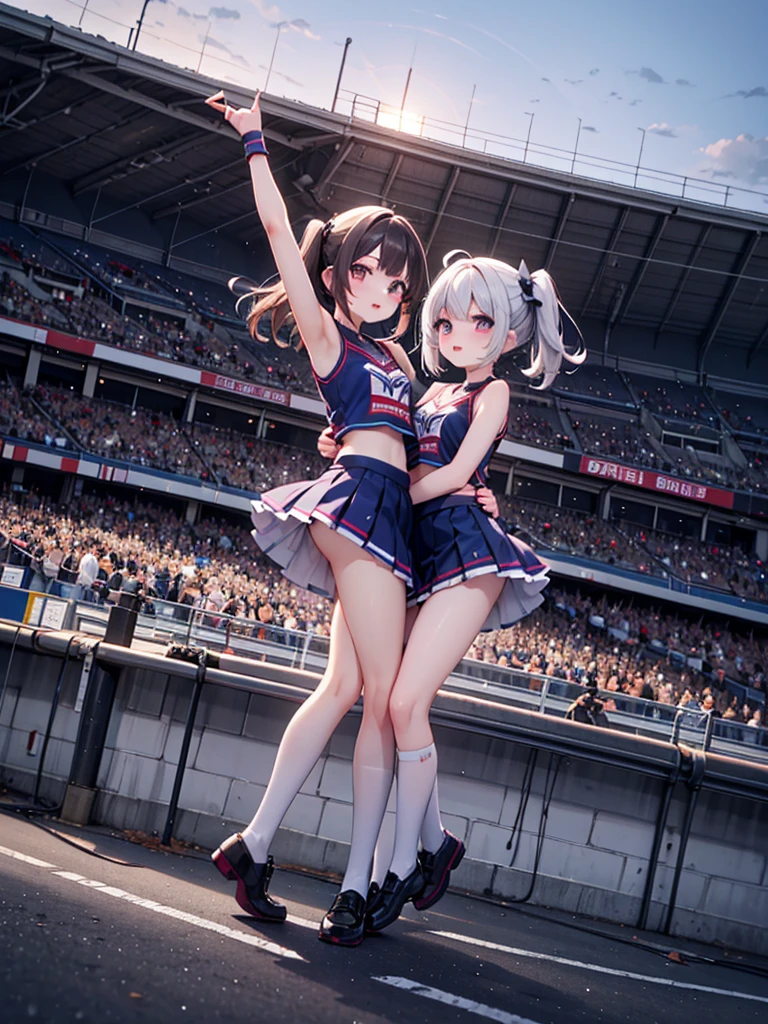 RAW Photos, Highest quality, High resolution, Very detailed、 8K image quality、Cheerleader trio、skirt、13 years old、Stadium、Put your arm around someone&#39;s shoulder、Nipples are see-through with sweat