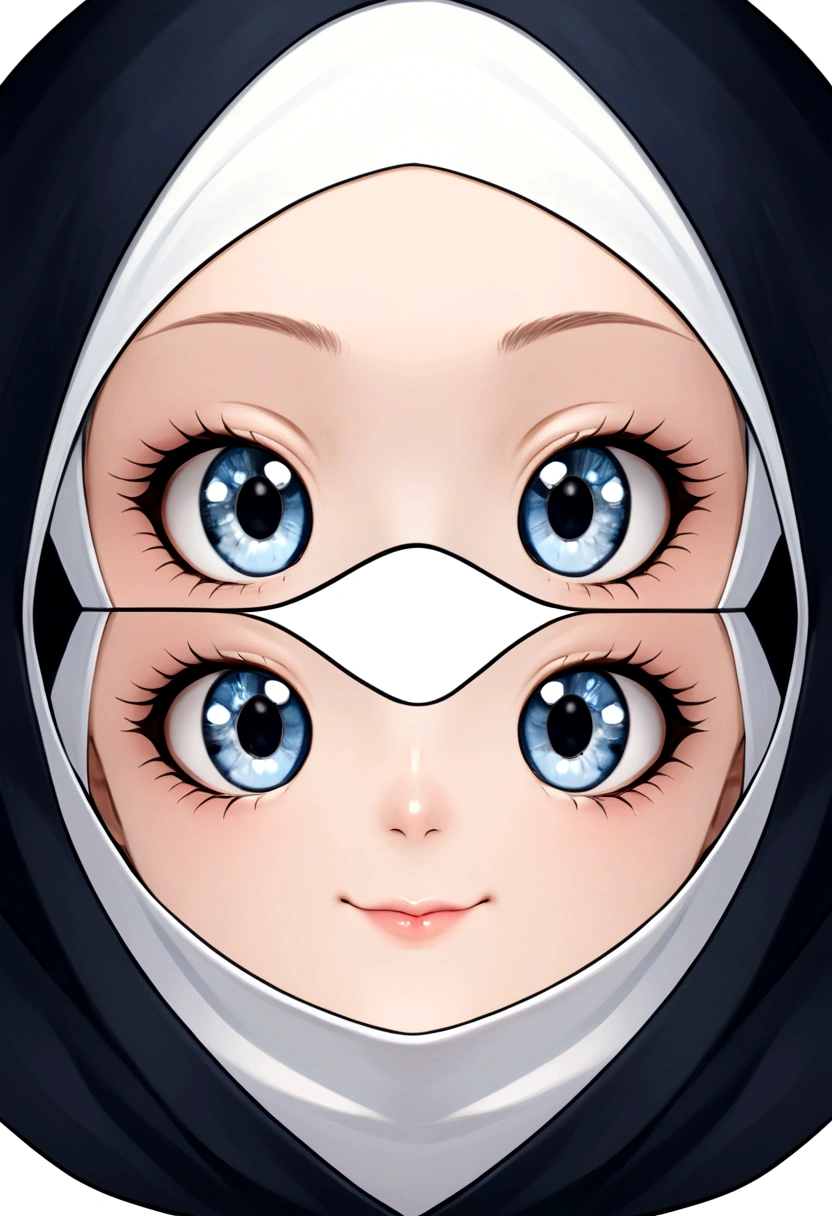 A girl dressed in a nun's habit.、Her hair is blue、Gray Eyes、pretty girl、smile、Right eye patch