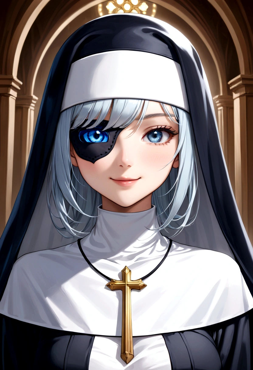 A girl dressed in a nun's habit.、Her hair is blue、Gray Eyes、pretty girl、smile、Right eye patch