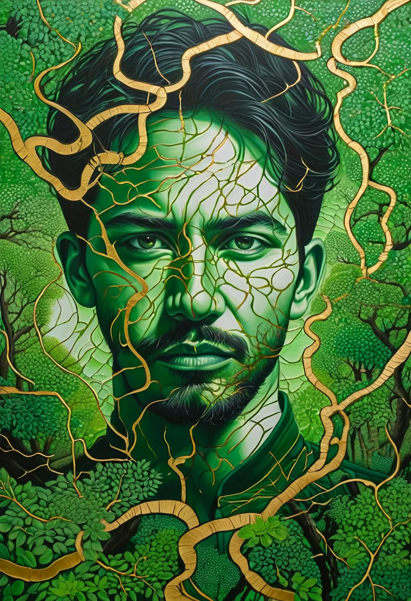 A detailed image man lost in green forest, in the style of contemporary op art, kintsugi, large-scale canvas, hard edge painter, eye-catching detail, aerial view, sudersan pattnaik