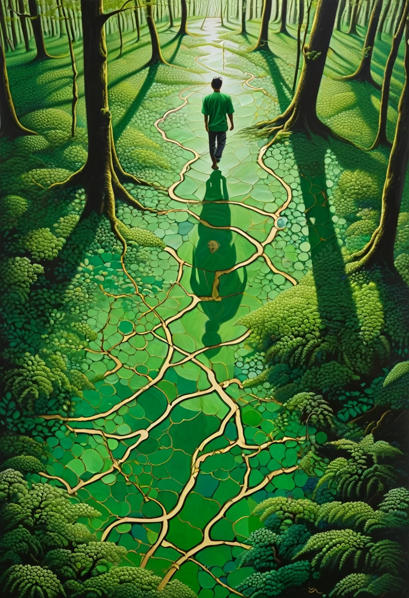 A detailed image man lost in green forest, in the style of contemporary op art, kintsugi, large-scale canvas, hard edge painter, eye-catching detail, aerial view, sudersan pattnaik
