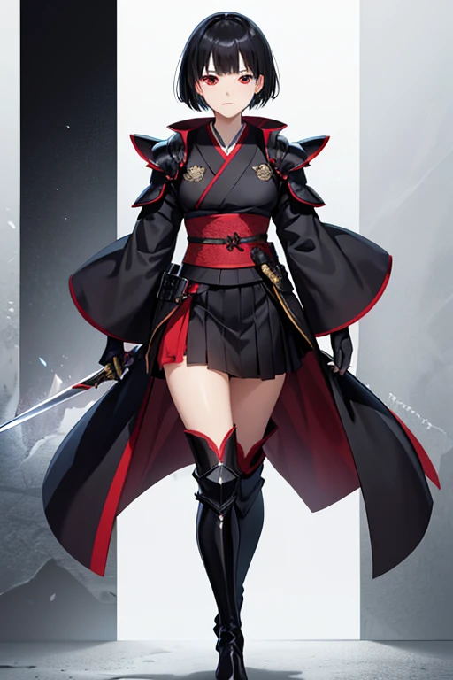 Anime Art、Full body portrait、Fantasy World Assassin、A woman around 27 years old, around 160cm tall, wearing a black kimono and a white tight skirt, walking with a short sword in her hand、Crying face、Short medium hairstyle、Black Hair、Red Eyes、Black Thigh Boots、gloves、Wearing body armor