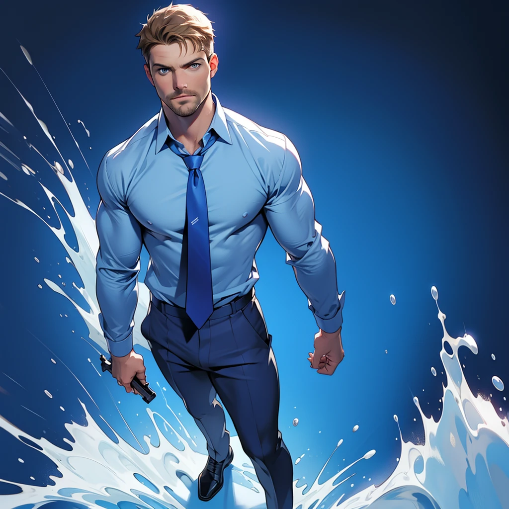 1 man, male focus solo, middle aged man,Stephen AMELL as private investigator,  lean muscle,very  light blue shirt, marine blue businessman suit , red tie , big bulge, full body shot, dark blond short hair, well groomed facial hair, holding a gun with one hand, , ultra high quality, masterpiece, low camera angle, (clear intense splashed blue and white paint in the blackground)