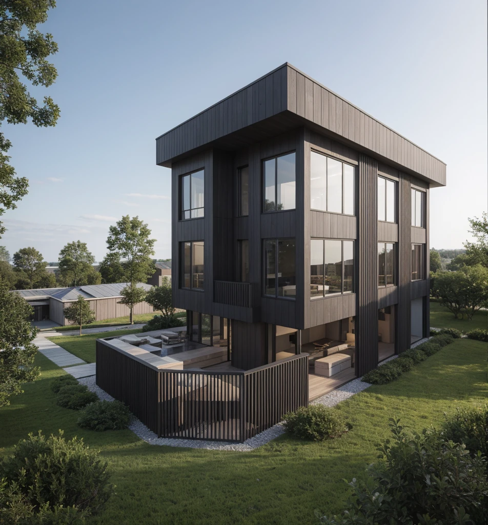 RAW photo, a photo of a modern villa with a car parked in front of it, ((1/2 dark grey wood facade)), architectural shot, gate, road, viet nam modern residence, rough white wall, new residential area, wide angle exterior 2022, contemporary house, exterior photography, masterpiece, contemporary architecture, overcast, indirect lighting