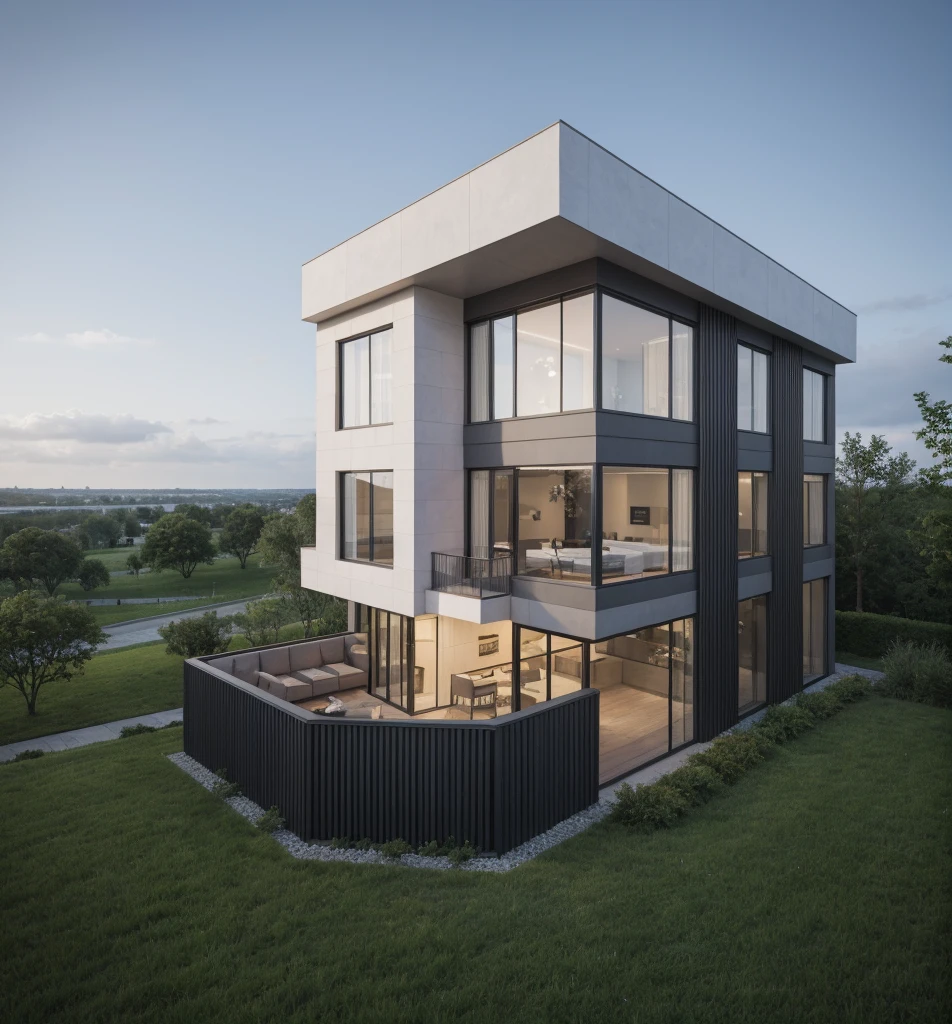 RAW photo, a photo of a modern villa with a car parked in front of it, ((1/2 dark grey wood facade)), architectural shot, gate, road, viet nam modern residence, rough white wall, new residential area, wide angle exterior 2022, contemporary house, exterior photography, masterpiece, contemporary architecture, overcast, indirect lighting