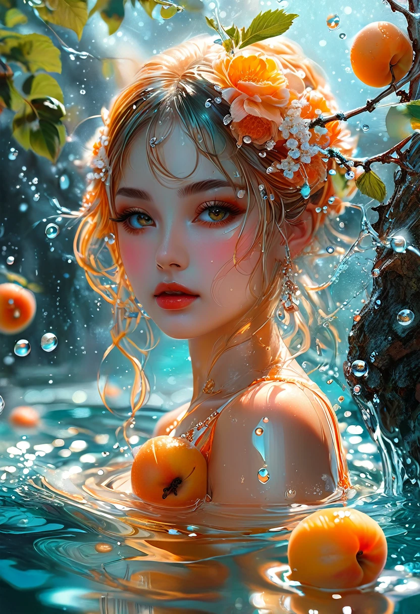 photo of apricot and water, with a light orange and transparent texture style, anime aesthetics, interesting complexity, berry punk, gorgeous colors, 32k uhd, karol bak --ar 9:16 --style raw