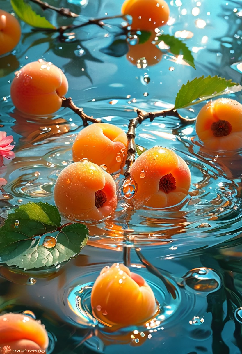 photo of apricot and water, with a light orange and transparent texture style, anime aesthetics, interesting complexity, berry punk, gorgeous colors, 32k uhd, karol bak --ar 9:16 --style raw