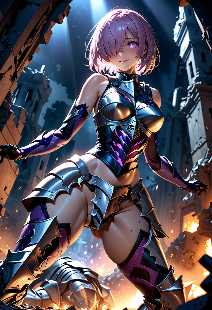(masterpiece, top quality, best quality, beautiful and aesthetic:1.2), full body, SFW, extremely detailed, detailed face and eyes, cinematic light, depth of field, 1girl, seducing smile, solo, official, (full armored knight:1.4), dark armor, mash kyrielight, light purple hair, short hair, hair over one eye, slim body, cinematic lighting, dramatic lighting, dramatic atmosphere, hyper-realistic, high resolution, stunning contrast, high quality, best quality, 8k, 4k, intricately detailed, (amazing details:1.2), highly detailed skin, powerful presence, vibrant colors, (detailed eyes:1.2), striking eyes, (detailed background), (warzone on background, night, ruins), (dynamic angle:1.2), (dynamic pose:1.2)