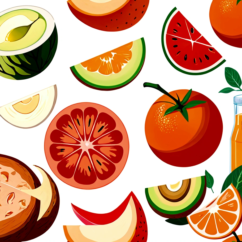 Healthy food illustration. gouache watercolor style,  there are various fresh food in composition, juice, infused water, milk, orang juice, tomato juice, a toasted egg, oath, wheat, triangle cheese, melon, apples, avocadoes, orange, onion, potatoes, bread, glass of mineral water, fresh meat, chicken meat, melon, watermelon, paprika, orange, lettuce and many other, vibrant color, against brilliant white background, isolated in white, Ghibli-like colours, multiple views, rotated, negative space, ((masterpiece)), ((best quality))