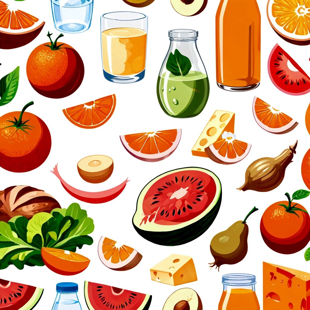 Healthy food illustration. gouache watercolor style,  there are various fresh food in composition, juice, infused water, milk, orang juice, tomato juice, a toasted egg, oath, wheat, triangle cheese, melon, apples, avocadoes, orange, onion, potatoes, bread, glass of mineral water, fresh meat, chicken meat, melon, watermelon, paprika, orange, lettuce and many other, vibrant color, against brilliant white background, isolated in white, Ghibli-like colours, multiple views, rotated, negative space, ((masterpiece)), ((best quality))