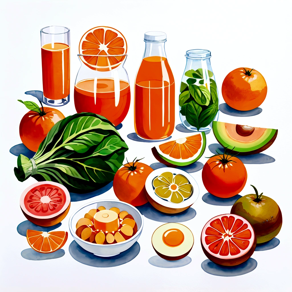 Healthy food illustration. gouache watercolor style,  there are various fresh food in composition, juice, infused water, milk, orang juice, tomato juice, a toasted egg, oath, wheat, triangle cheese, melon, apples, avocadoes, orange, onion, potatoes, bread, glass of mineral water, fresh meat, chicken meat, melon, watermelon, paprika, orange, lettuce and many other, vibrant color, against brilliant white background, isolated in white, Ghibli-like colours, multiple views, rotated, negative space, ((masterpiece)), ((best quality))