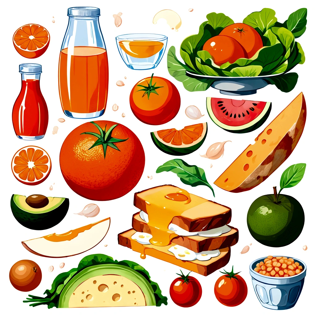 Healthy food illustration. gouache watercolor style,  there are various fresh food in composition, juice, infused water, milk, orang juice, tomato juice, a toasted egg, oath, wheat, triangle cheese, melon, apples, avocadoes, orange, onion, potatoes, bread, glass of mineral water, fresh meat, chicken meat, melon, watermelon, paprika, orange, lettuce and many other, vibrant color, against brilliant white background, isolated in white, Ghibli-like colours, multiple views, rotated, negative space, ((masterpiece)), ((best quality))