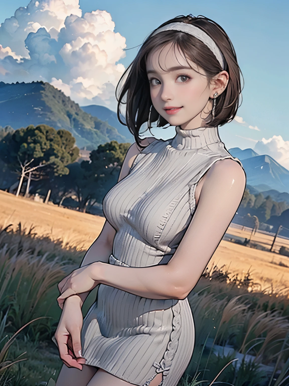 ((((Highest quality))))、(((Ultra-precision CG16K wallpaper)))、(((masterpiece)))、(((Super detailed)))、(((Extreme detail)))、((1Mature 29 year old woman:1.6))、((Very beautiful Japan face of a person))、((Urizane Face:1.8))、((Short bob straight hair:1.6))、(Shiny Hair)、A delicately drawn beautiful face、Dark Eyes、double eyelid、High nose、Small nostrils、Small Mouth、Seductive lips、Beautiful breasts、((C cup size breasts))、Delicate nails、Beautiful feet、Thin thighs、eight-headed body、Perfect proportions、Perfect Anatomy、Perfect composition、Beautiful detailed shading、Beautiful, natural lighting、Beautiful detail glow、Depth of written boundary、(((High chroma)))、(((Real:1.9)))、((vivid:1.5))、((Beautiful Skin))、((Skin Texture))、((Realな皮膚感))、(((Cowboy Shot:1.6)))、(((front view、shoot from front、front low angle:1.6)))、(((smile:1.3)))、(((looking at viewer:1.6)))、Bright daylight、Natural light、(((background_Grass Square、Mountain、Sky and Clouds:1.5)))、(Walking pose:1.6)、(((Mint green high neck sleeveless ribbed knit mini dress:1.6)))、((hair band、Wearing earrings:1.5))、((Lace Stockings Clothed))、