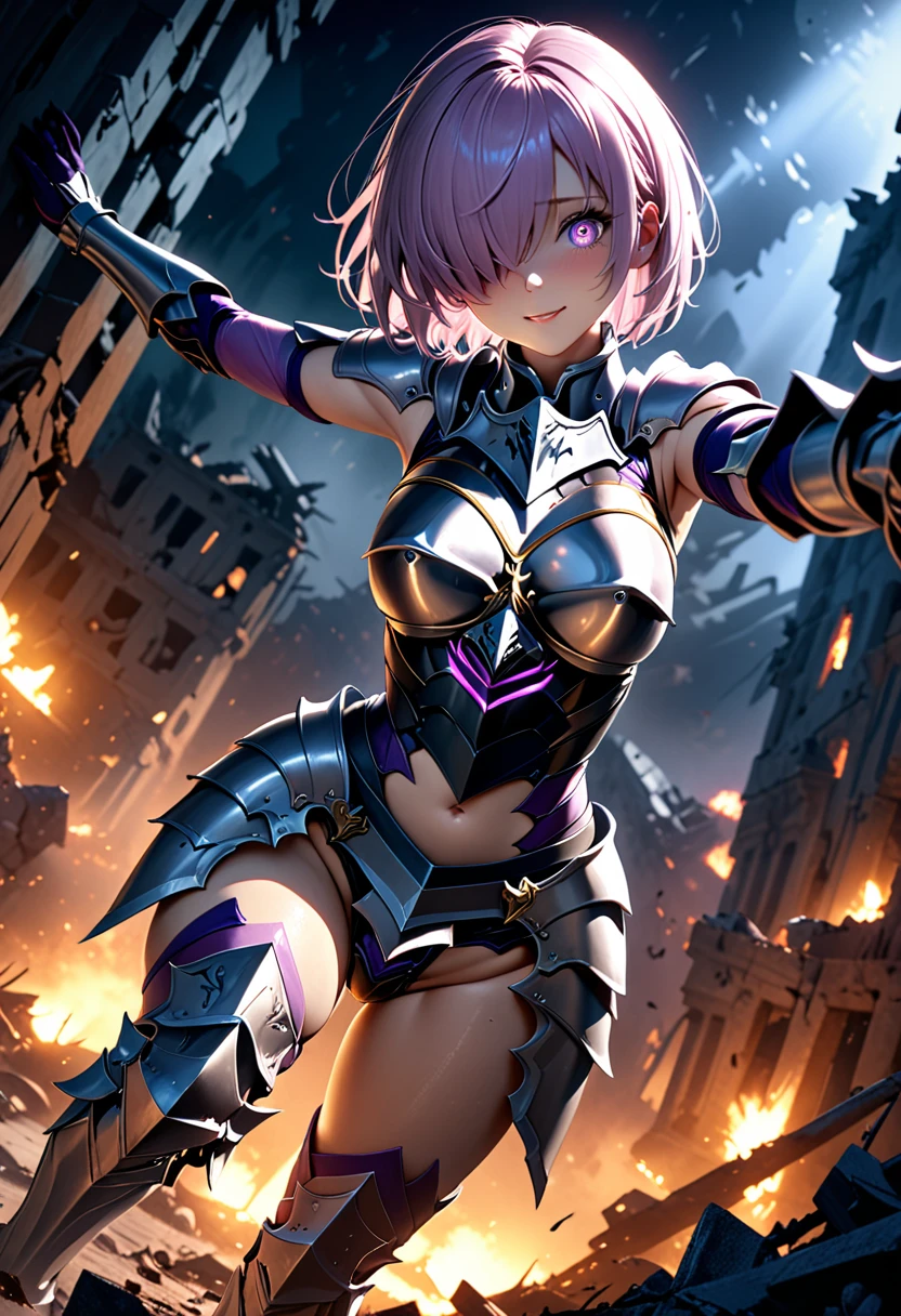 (masterpiece, top quality, best quality, beautiful and aesthetic:1.2), full body, SFW, extremely detailed, detailed face and eyes, cinematic light, depth of field, 1girl, seducing smile, solo, official, (full armored knight:1.4), dark armor, mash kyrielight, light purple hair, short hair, hair over one eye, slim body, cinematic lighting, dramatic lighting, dramatic atmosphere, hyper-realistic, high resolution, stunning contrast, high quality, best quality, 8k, 4k, intricately detailed, (amazing details:1.2), highly detailed skin, powerful presence, vibrant colors, (detailed eyes:1.2), striking eyes, (detailed background), (warzone on background, night, ruins), (dynamic angle:1.2), (dynamic pose:1.2)