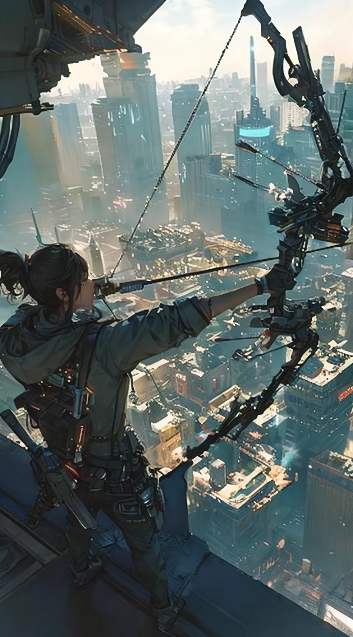 a futuristic archer, armed with explosive arrowheads, taking aim from a high vantage point in the city, dramatic, photorealistic, highly detailed, cinematic lighting, intricate machinery, advanced technology, glowing energy effects, neon city skyline, moody atmosphere, hyperrealistic, award-winning CGI, 8K, unreal engine