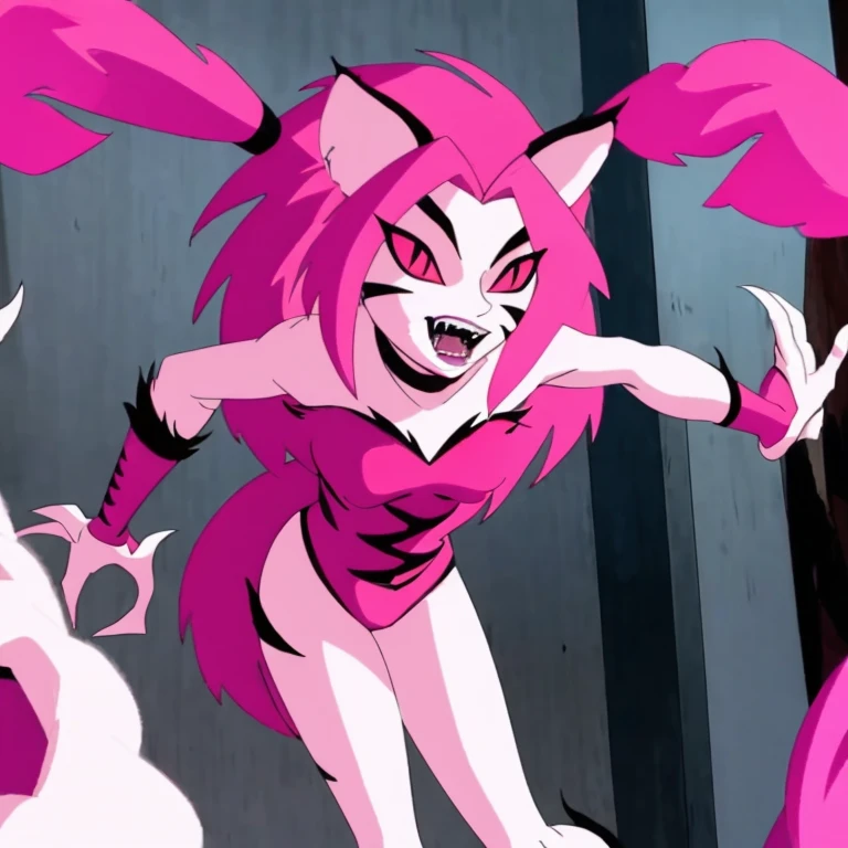 NyaNya, 1girl, solo, pink eyes, pink hair, pink skin, long hair, cat ears, pink sclera, cat tail, claws, slit pupils, pink lips, whisker markings, pink leotard, fangs, bare shoulders, choker, best quality, masterpiece, park