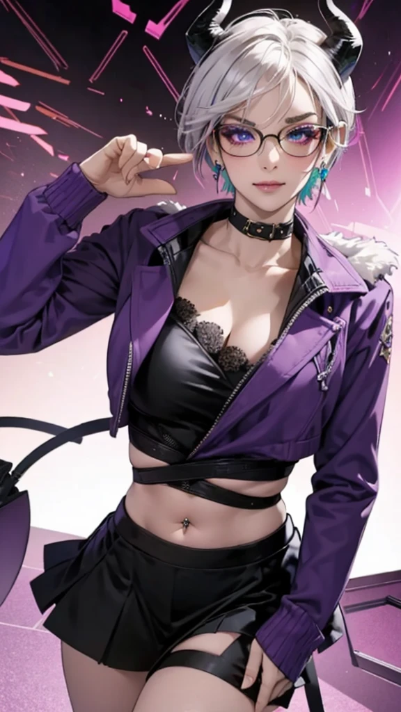8k, masterpiece, best quality, highly detailed, 1 girl, tiefling, warlock, multicolored hair, very short straight hair green highlight hair on white hair, strippled hair, wearing glasses, round glasses, earrings, red eyeshadow, long eyelashes,navel piercing, blushed cheek, necklace, collarbone, high heels, mole, glamorous, purple and teal clothing, villainy, smirk, seductive face, fullbody view, rings, looking at viewer, standing, demon horns, solo, hand touching cheek, library, black lace gloves, holding book, miniskirt.
