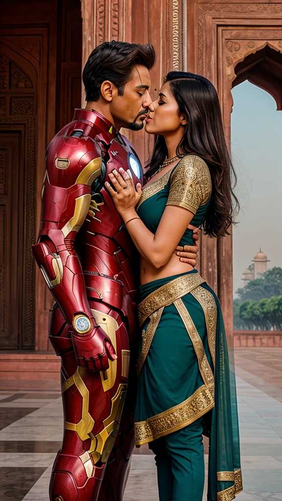 Iron man and his girlfriend kiss,  realistic , india background Taj Mahal