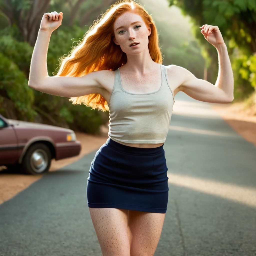 Stacey, A tall, young woman, 22 years old, with long shoulders, athletic, lanky female, a strong build and long, freckles, strawberry blonde hair, freckles. Her skin is pale, long legs, She has small breasts, wand soft thighs, bodycon,skirt, Tank top , arms raised, Cinematic Hollywood Film
Cinematic Hollywood Film style