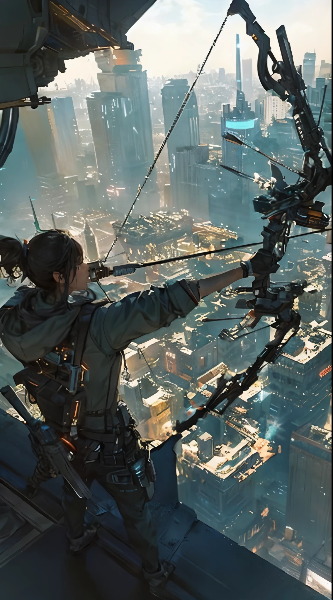 a futuristic archer, armed with explosive arrowheads, taking aim from a high vantage point in the city, dramatic, photorealistic, highly detailed, cinematic lighting, intricate machinery, advanced technology, glowing energy effects, neon city skyline, moody atmosphere, hyperrealistic, award-winning CGI, 8K, unreal engine