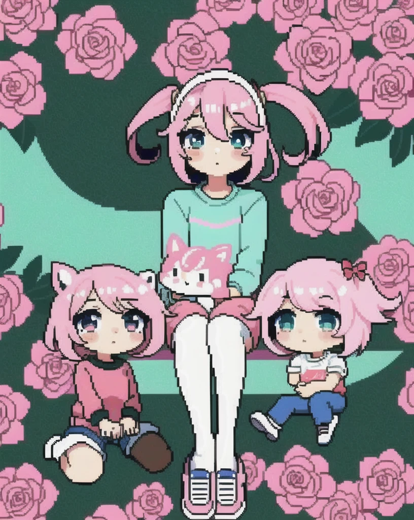 a girl, masterpiece, best quality, high quality, pink hair, messy hair, pigtails, beautiful face, chibi, rose eyes, little makeup, cute headband (pastel color), pink sweater, white gloves, short pants, long white socks, pink shoes