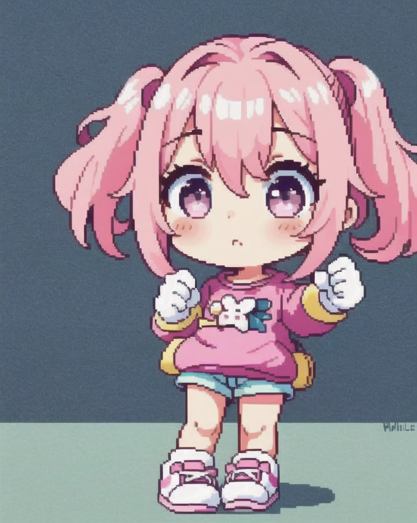 a girl, masterpiece, best quality, high quality, pink hair, messy hair, pigtails, beautiful face, chibi, rose eyes, little makeup, cute headband (pastel color), pink sweater, white gloves, short pants, long white socks, pink shoes