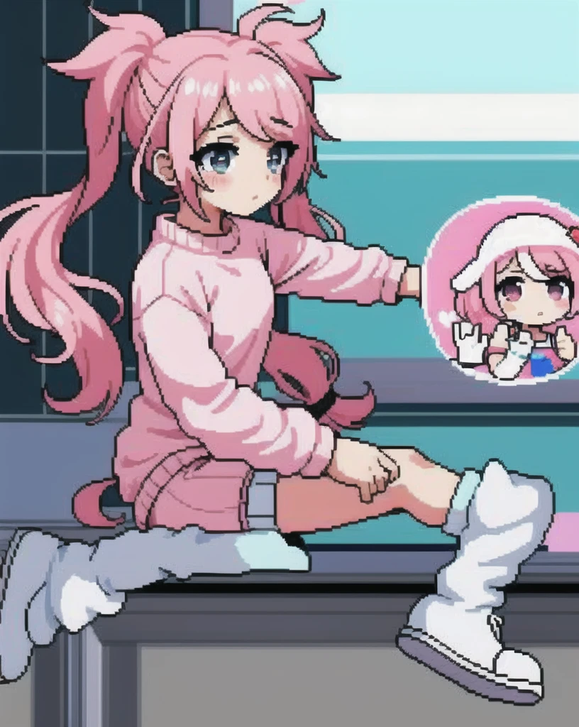 a girl, masterpiece, best quality, high quality, pink hair, messy hair, pigtails, beautiful face, chibi, rose eyes, little makeup, cute headband (pastel color), pink sweater, white gloves, short pants, long white socks, pink shoes