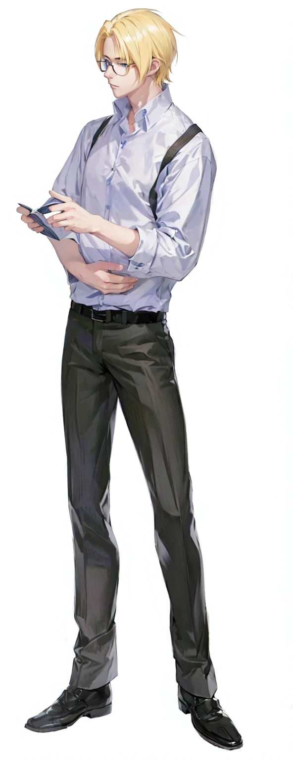 Blonde anime character wearing glasses is reading, Full body photo of Steve, Full body portrait, Tall anime man with blue eyes, Single character full body, Full body portrait, !!Full body portrait!!, Full body illustration, Full body portrait, Full body portrait, Full body portrait, Full body pictures, albert wesker Full body portrait