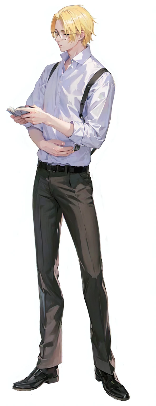 Blonde anime character wearing glasses is reading, Full body photo of Steve, Full body portrait, Tall anime man with blue eyes, Single character full body, Full body portrait, !!Full body portrait!!, Full body illustration, Full body portrait, Full body portrait, Full body portrait, Full body pictures, albert wesker Full body portrait
