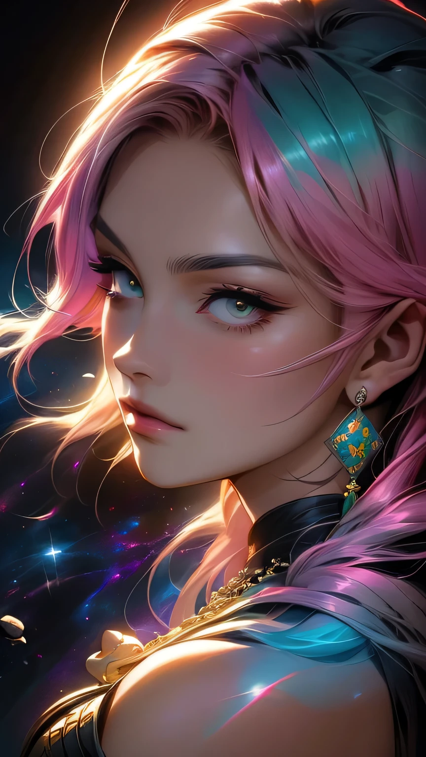 Close-up of a woman with colorful hair and necklace, Anime girl with space-like hair, The gentle vitality of rose roses, Gubes-style artwork, Fantasy art style, colorful], Vivid fantasy style, Ross draws vibrant cartoons, cosmic and colorful, Gwaiz, colorful digital fantasy art, Great art style, Beautiful anime style, Full body lighting, Skin Brightness, Sexy look, (Dynamic pose)､ masterpiece, 最high quality, high quality, High resolution､((Face close-up))､