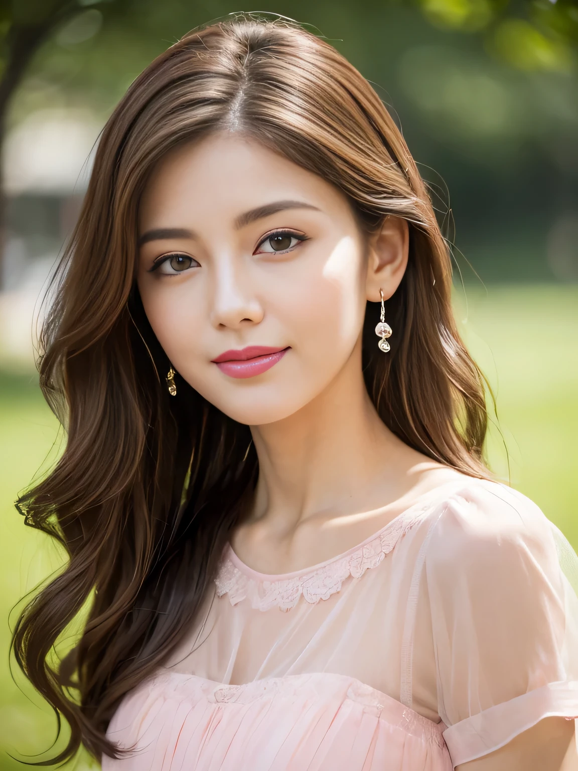 (RAW Photos), (Photo realistic), (masterpiece), (Highest quality), High resolution, 8K resolution, (Intricate details), (Volumetric Light), Portraiture, woman, 30 years old, Long Wavy Hair, Layered Hair, Brown Hair, Highly detailed eyes, Source order, Very thin eyebrows, Highly detailed skin, Highly detailed mouth, Highly detailed nose, Cute like an idol, smile, ((Pink lipstick)), ((Look at the viewers)), (An elegant and transparent red see-through short-sleeved dress), ((Randomly oriented objects)), green park background, Westshot,