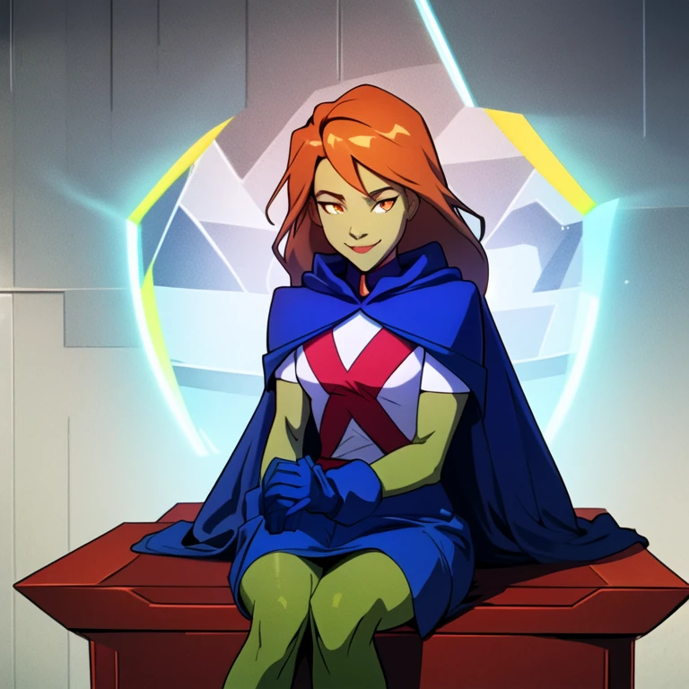 8k,highres,absurdres,masterpiece,best quality,original,extremely detailed CG,extremely detailed wallpaper,perfect, MissMartianYJ, girl1, solo, orange eyes, green skin, hair, White shirt, red X logo, blue gloves, long blue cape, short sleeves, blue skirt, smile, sitting 