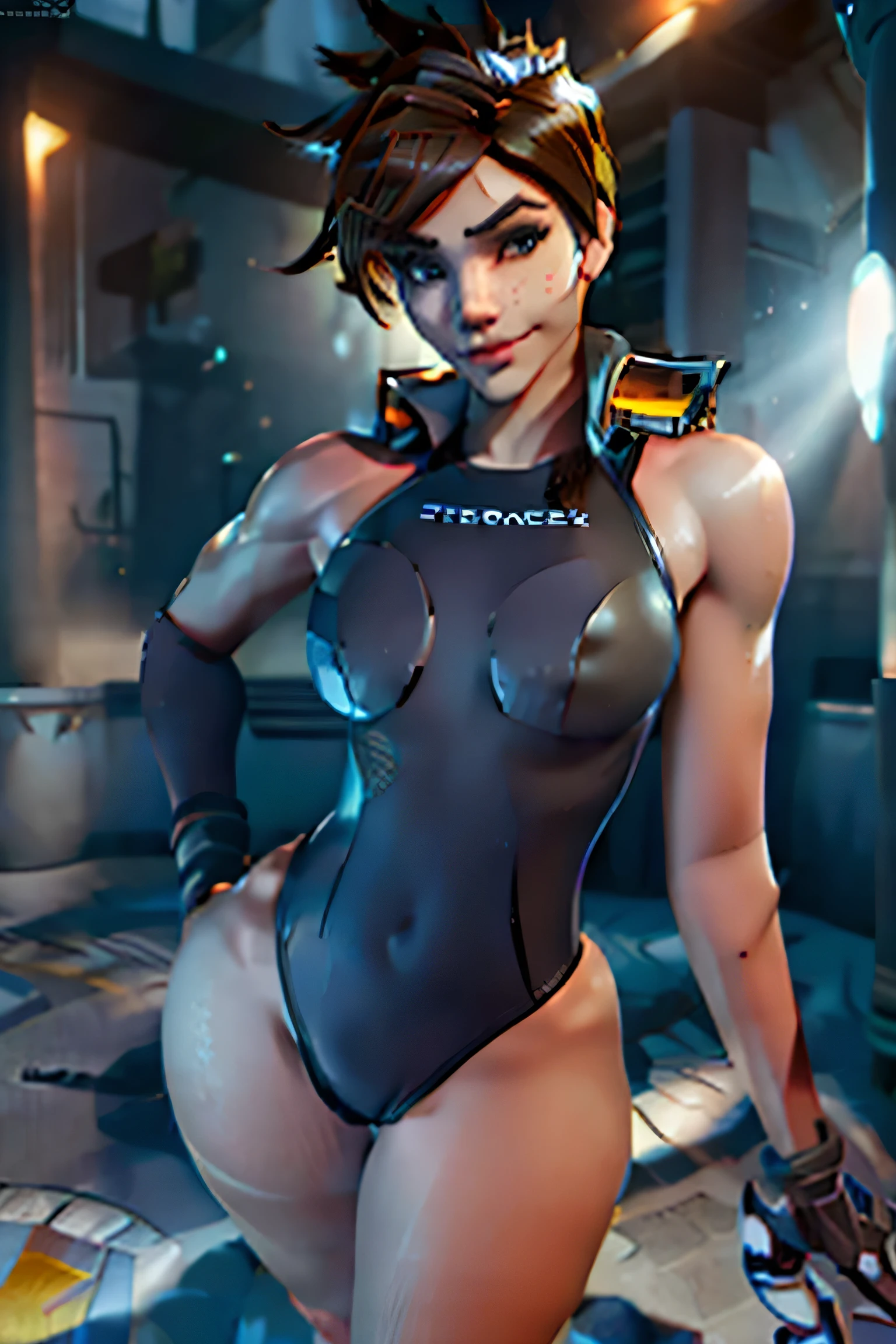 Tracer from Overwatch, Hydrasuit and competition swimsuit, Large Breasts and Cleavage, spiky dark brown hair , seductive smile, game art, cowboy shot, highres, textured skin