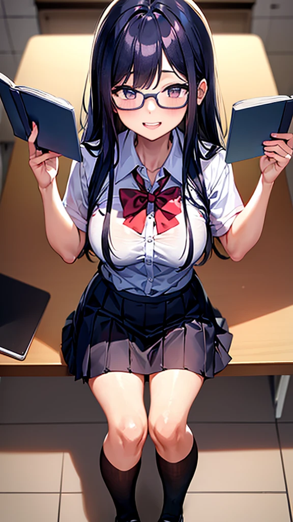 bully student in a high school classroom. She is wearing a skirt and blouse. He has a wicked smile and long, flowing hair.. She is standing, leaning forward, and holds a notebook. in front of her, Sitting at your desk, There is a nerdy boy with big glasses who looks scared