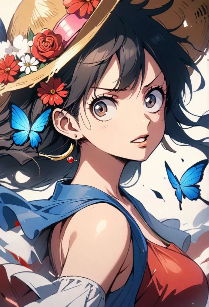 1girl, luffy, butterfly, bug, solo, hat, long_hair, jewelry, earrings, blue_butterfly, black_hair, straw_hat, looking_at_viewer, flower, dress, hat_flower, parted_lips, upper_body, bare_shoulders, breasts, black_eyes, red_flower, red_dress, from_side, butterfly_hair_ornament, bangs, holding, hair_ornament, straw hat, luffy, female luffy, night
