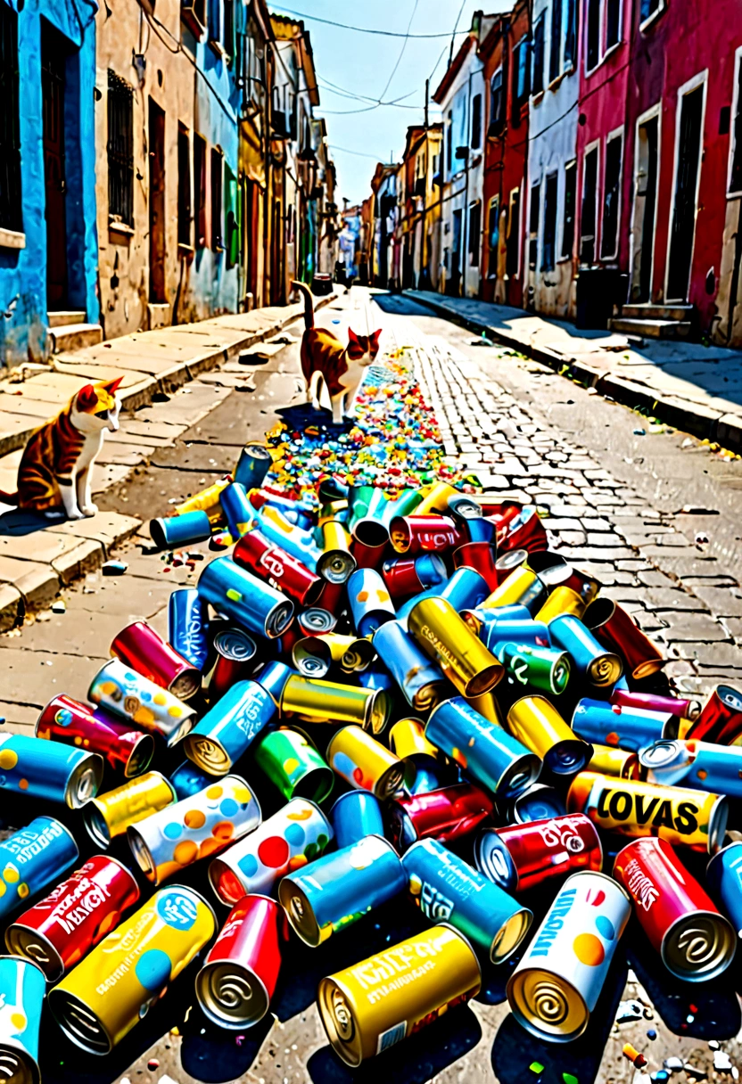 Environmental issues,SDGs, Super Long Shot,Innovative and surreal art, A large number of cans scattered on the street,Cat, dog and play
