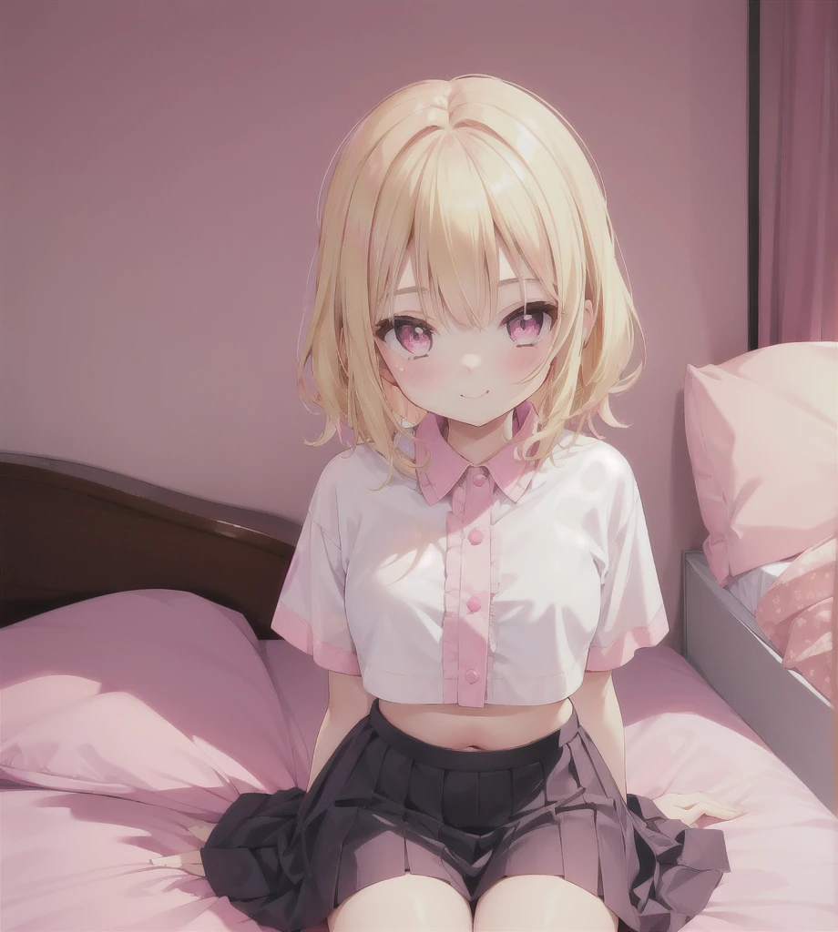 cute girl, pouting, smiling, kneeling on the bed with a pink mattress, wearing a short skirt and a crop top, blonde hair, pink eyes