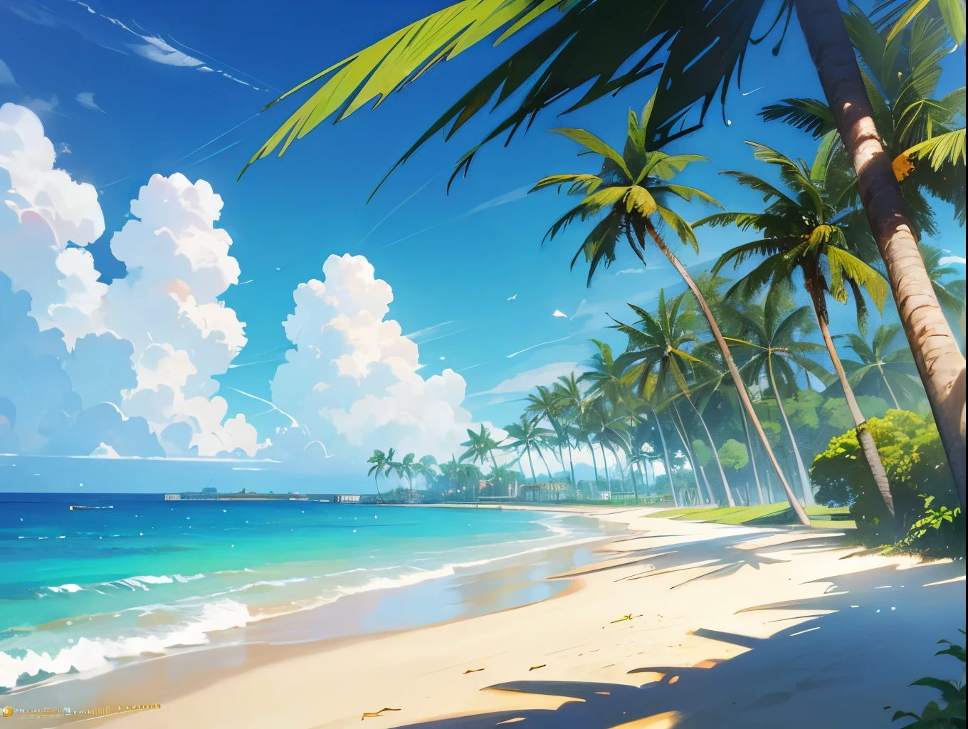 a beautiful tropical beach with palm trees, golden sand, clear blue sky, turquoise ocean, sun shining, waves crashing, seagulls flying, lush green palm trees swaying, peaceful and serene atmosphere, cinematic lighting, photorealistic, hyper detailed, 8k, masterpiece
