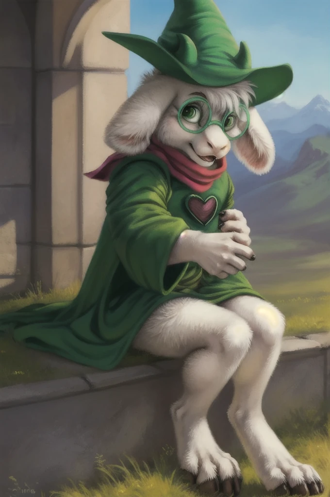 uploaded on e621, (cartoon detailed perfect green eyes), by Sabretoothed Ermine, by Supplesee, (fluffy), solo, kid, , (goat), (((white fur))), (red scarf, green robe, green glasses), ((Ralsei)), cartoon, anthro, white hair, (soft shading), cyborg, saber into arms, implants, steel hand, 4k, hi res, five fingers, paws, detailed hands, ((detailed face)), face portrait, sitting, (hanging goat ears), masterpiece, landscape, portrait, detailed background, realistic, masterpiece, highest quality