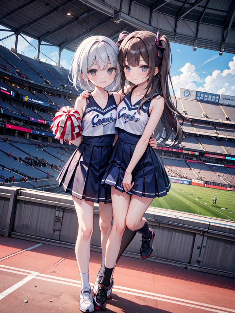 Two Asian women cheergirls, hair color is brown with long hair, wearing a peace sign, beautiful fingers, same costume, cheering in the basketball stadium, good friends, hairstyle as shown in the photo, two people standing side by side, both smiling, a total of two bonbons, costume is as shown in the photo, shiny silver, small breasts, Glossy silver with a single blue line costume, no logo and letters on the costume, glitter silver costume, costume with non-transparent fabric 🚿🗝📝 🔞🤡 2263539546], ;, 🎨 🪔 🌞🌄 Hololive , , ❤🔥🍄🌪 8k)), anime style