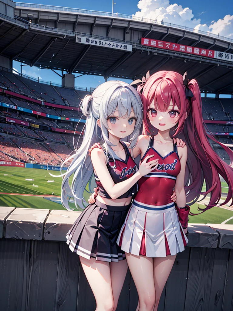 RAW Photos, Highest quality, High resolution, Very detailed、 8K image quality、Cheerleader trio、skirt、、Stadium、Put your arm around someone&#39;s shoulder、I can see her panties