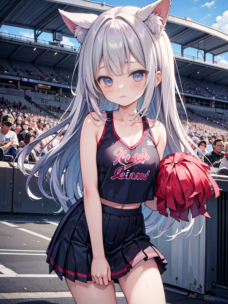 RAW Photos, Highest quality, High resolution, Very detailed、 8K image quality、Cheerleader trio、skirt、13 years old、Stadium、Put your arm around someone's shoulder、I can see her panties
