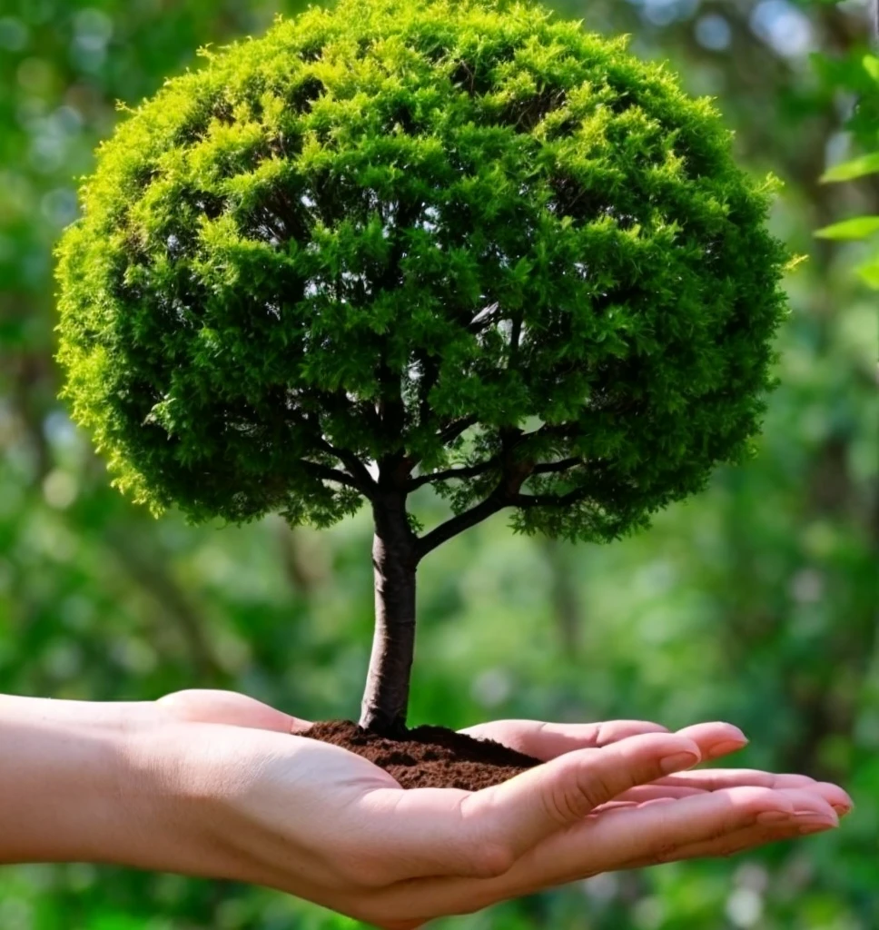 hand holding small tree for planting. concept green world earth day, generative ai