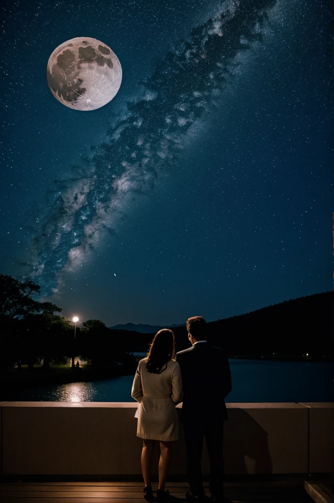 Couple watching the moon at night 