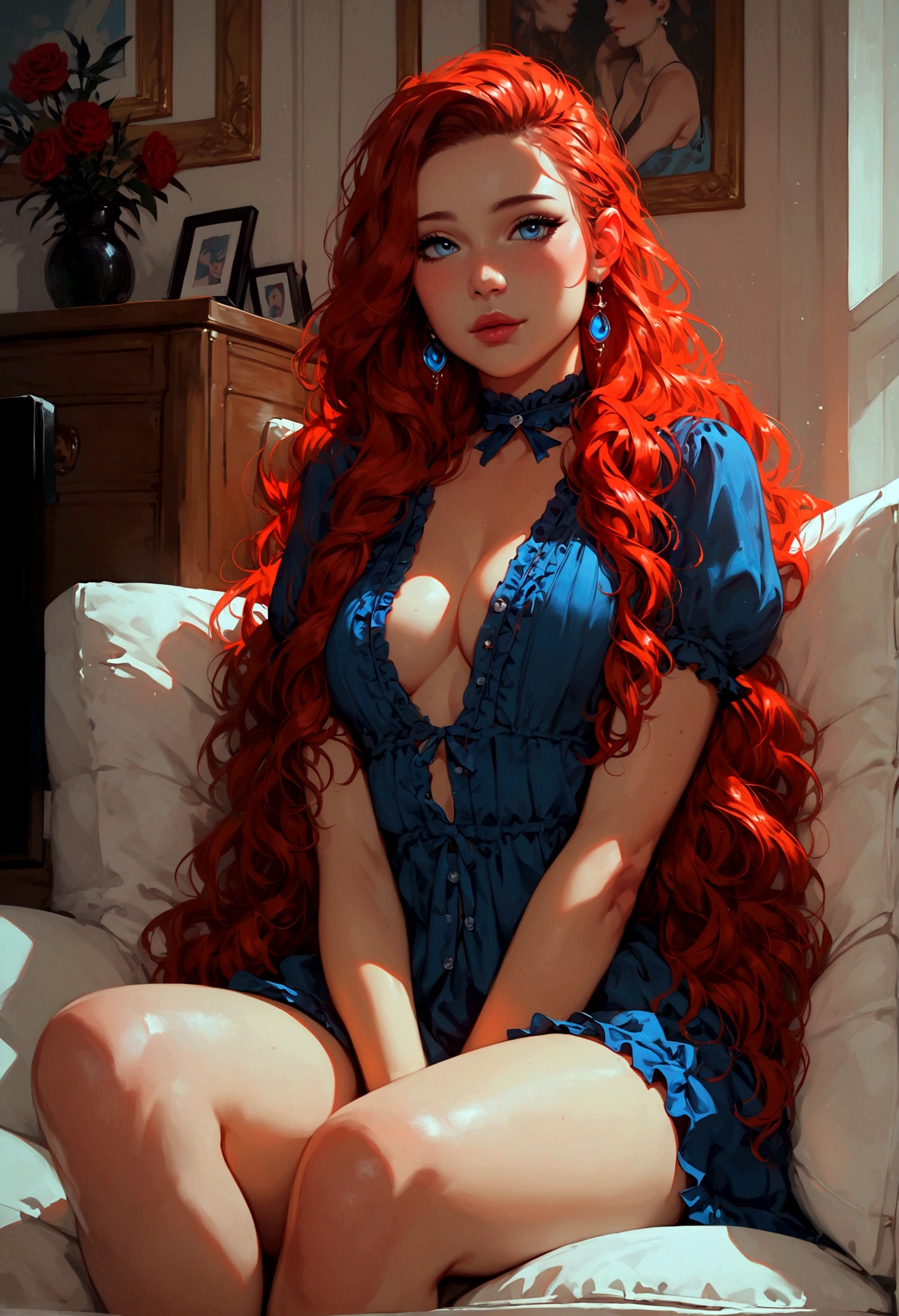 score_9, score_8_up, score_7_up, score_6_up, 1girl, deep red hair, light blue eyes, beautiful girl, cute girl, kawai girl, cute face, straight hair, long hair, medium breasts, button down blouse, blue blouse, sitting, detailed, rebellious girl, intricate details, sexy, high quality , in front of the television, Masterpiece