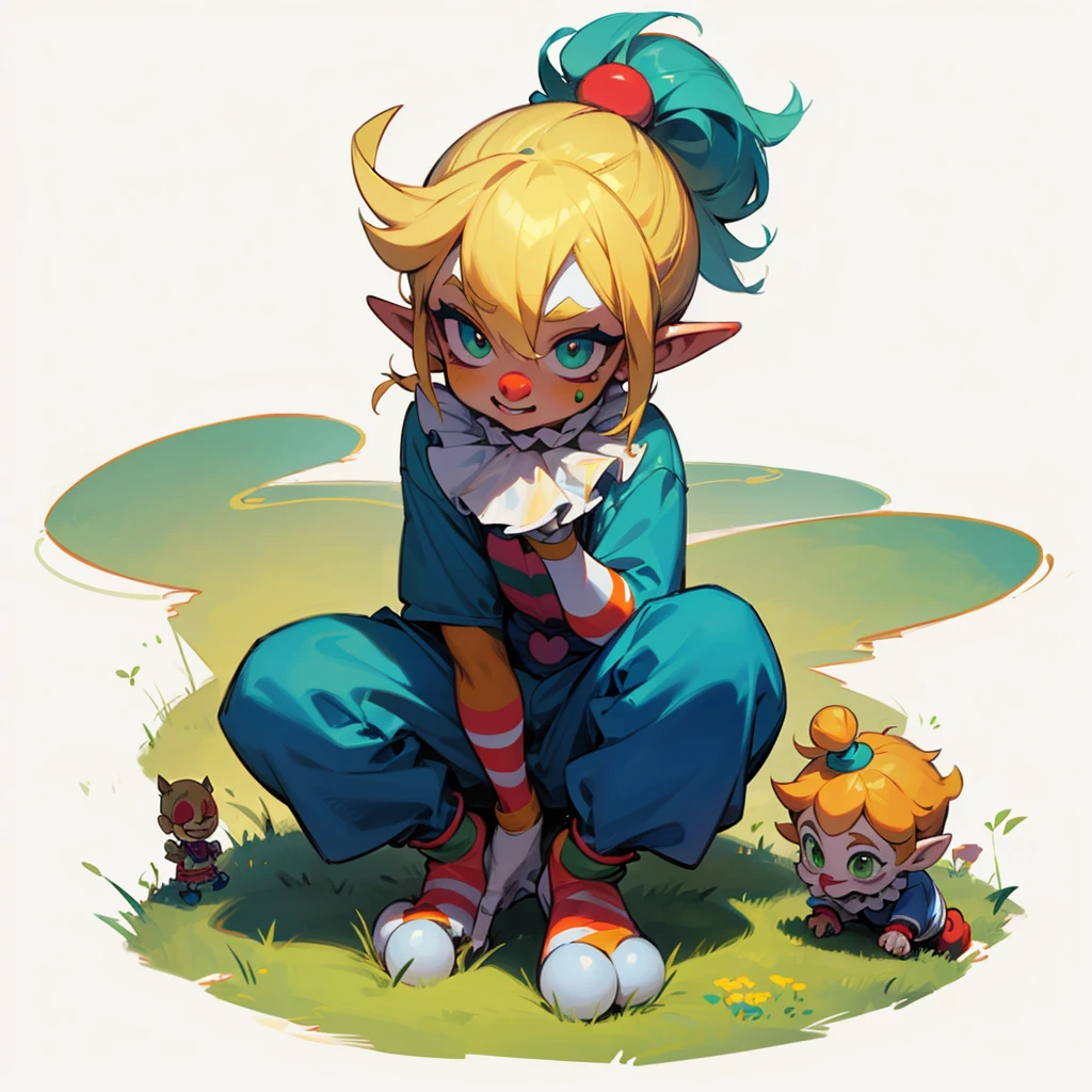 Random evolution, circuit clown, mascot, boy goblin, (1boy), Clown make up on face, green eyes, blonde hair, man bun hairstyle, small ball on his hands, Grassroots