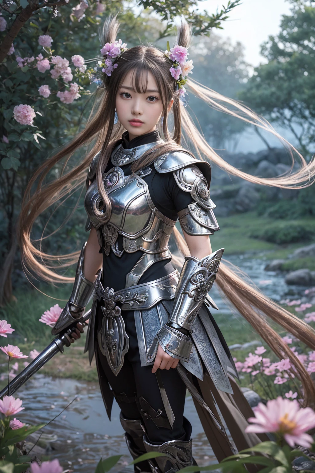 A striking realistic photo of a beautiful Japanese warrior woman in vibrant silver armor and decorated with fresh flowers. The armor is a mix of metal and organic elements, with flower petals intertwined in the design. She creates a magnificent swirling sphere by hand, swirling with her magical abilities. Night scene, fantastical, mystical, forest, river, nature, majestic, a perfect balance of light and shadow. High quality, high resolution, 32k.