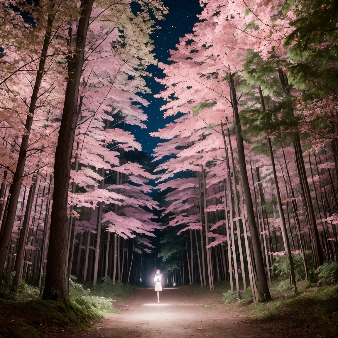 high resolution、Beautiful depiction、Forest Path、Draw a person larger、night、One person、9 year old girl standing、Facing forward、smile、Wearing glasses、Pink Separate Swimsuit、Slender body